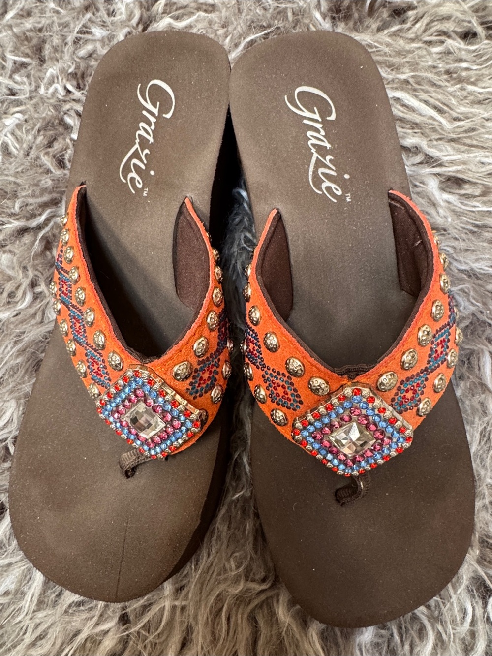 Grazie Orange Beaded Jewel Thong Platform Sandals with Brown Footbed